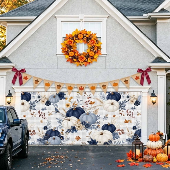 Thanksgiving Fall Garage Door Banner Covers, Rustic Harvest Blue White Pumpkin Leaf Gingham Large Hanging Indoor/Outdoor Backdrop Background for Christmas Winter Party Decor, 6.9x16ft
