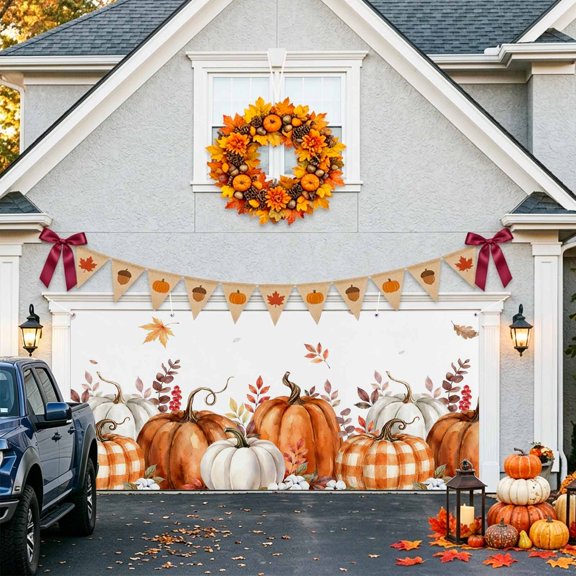 Thanksgiving Fall Garage Door Banner Covers, Rustic Orange White Gingham Pumpkin Leaf Cotton Large Hanging Indoor/Outdoor Backdrop Background for Christmas Winter Party Decor, 6.9x16ft
