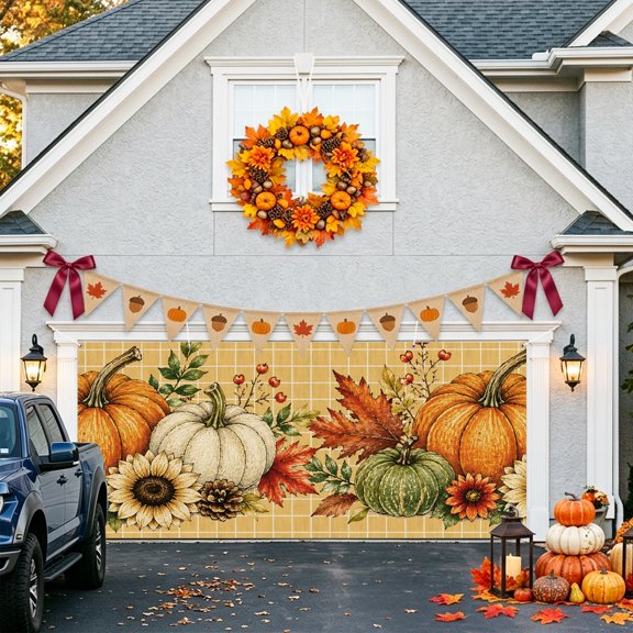 Thanksgiving Fall Garage Door Banner Covers, Rustic Orange White Green Pumpkin Yellow Gingham Large Hanging Indoor/Outdoor Backdrop Background for Christmas Winter Party Decor, 6.9x16ft