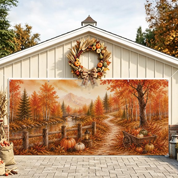 Thanksgiving Fall Garage Door Cover, Rustic Orange Pumpkin Maple Leaves Forest Garage Door Decorations with Ropes, Outdoor Hanging Banner Backdrop for Holiday Party Courtyard Porch Wall Decor 6x13ft
