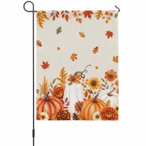 Thanksgiving Fall Garden Flag 12 x 18 Inches, Rustic Range White Pumpkin Leaf Linen Texture Weather Proof Outdoor Patio Flags Double Sided Small Garden Decoration for Yard Outside Home