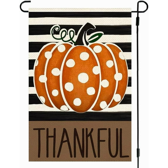 Thanksgiving Fall Garden Flag 12x18 Inch Double Sided for Outside, Thankful Polka Dot Pumpkin Striped Outdoor Seasonal Holiday Yard Porch Decoration