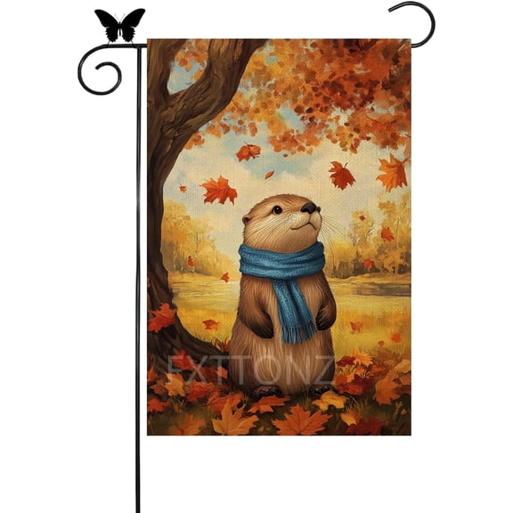 Thanksgiving Fall Garden Flag 12x18 Inch Welcome Sea Otter Outdoor Flag Double Sided Autumn Yard Banner with Blue Scarf and Leaves Decor for Porch Lawn Patio (20064)