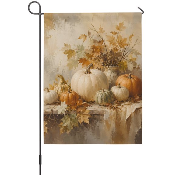 Thanksgiving Fall Garden Flag 28x40 Inch Rustic White Orange Pumpkin Leaf Ceramic Pot Double Sided Outdoor Garden Flags Welcome House Flag Decorative Yard Flags for Outside Holiday Decoration