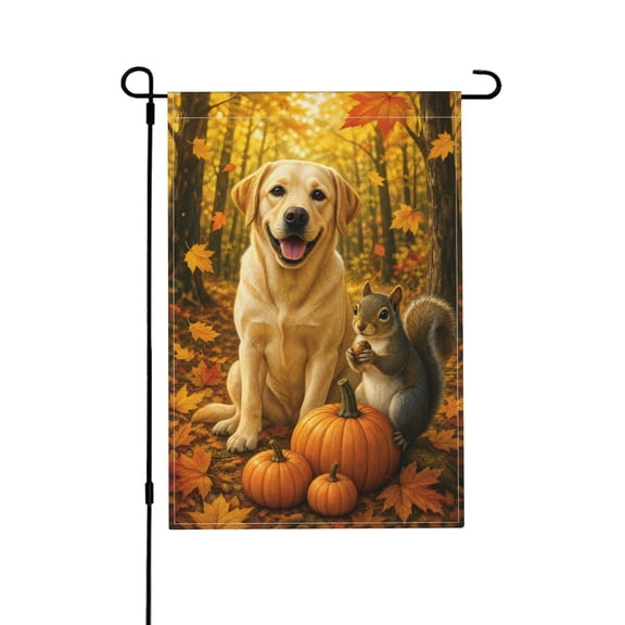 Thanksgiving Fall Garden Flag Labrador Dog and Squirrel Pumpkin Leaf Yard Banner Autumn Outdoor Decor Welcome Sign for Porch Lawn Pathway 12x18 in