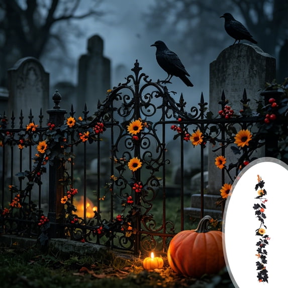 Thanksgiving Fall Halloween Decoration for Home Indoor Outdoor Clearance Under $5.00!Black Artificial Maple Leaf And Rattan Pumpkin And Berry Halloween Window Display And Fireplace Ornament