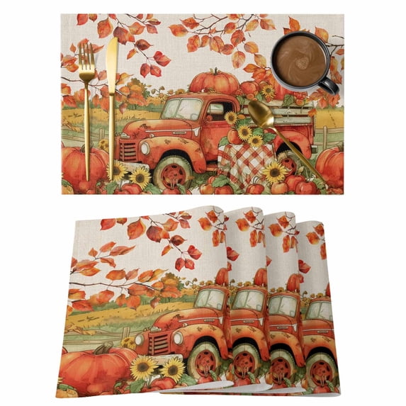 Thanksgiving Fall Harvest Pumpkin Truck Placemats Set of 6,Wipeable Washable Table Mats for Dining Tables, Sunflower Leaves on Linen Place Mats for Kitchen Event Party Tabletop Decor