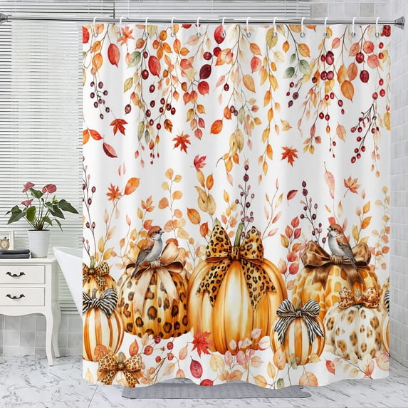 Thanksgiving Fall Harvest Shower Curtain Set, 72" x 72" Waterproof Polyester Bathroom Curtain with 12 Hooks, Rustic Farmhouse Leopard-Print Pumpkin Vintage Home Decor for Restroom