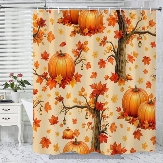 Thanksgiving Fall Harvest Shower Curtain Set, 72" x 72" Waterproof Polyester Bathroom Curtain with 12 Hooks, Rustic Farmhouse Pumpkin And Maple Leaves Vintage Home Decor for Restroom
