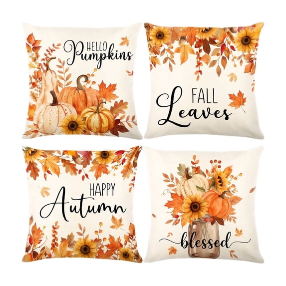 Thanksgiving Fall Harvest Throw Pillow Covers 18x18 Inch Set of 4, Pumpkin Decorative Square Pillowcases, Farmhouse Holiday Cushion Covers for Sofa Living Room Home Fall Halloween Thanksgiving Decor