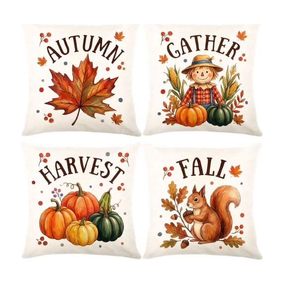 Thanksgiving Fall Harvest Throw Pillow Covers 18x18 Inch Set of 4, Pumpkin Decorative Square Pillowcases, Farmhouse Holiday Cushion Covers for Sofa Living Room Home Fall Halloween Thanksgiving Decor