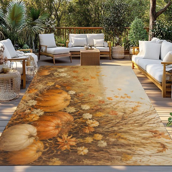 Thanksgiving Fall Indoor Outdoor Rugs 3x5 Ft, Rustic Orange White Pumpkin Meadow Grass Floral Outdoor Patio Rug Mat Washable Outside Area Rugs Carpet for Porch Deck RV Camping Pool Balcony Backyard