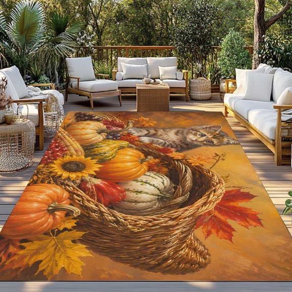 Thanksgiving Fall Indoor Outdoor Rugs 4x6 Ft, Rustic Cat Orange Pumpkin Cornucopia Basket Leaf Outdoor Patio Rug Mat Washable Outside Area Rugs Carpet for Porch Deck RV Camping Pool Balcony Backyard