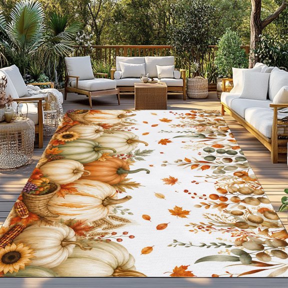 Thanksgiving Fall Indoor Outdoor Rugs 4x6 Ft, Rustic White Orange Pumpkin Woven Cornucopia Outdoor Patio Rug Mat Washable Outside Area Rugs Carpet for Porch Deck RV Camping Pool Balcony Backyard