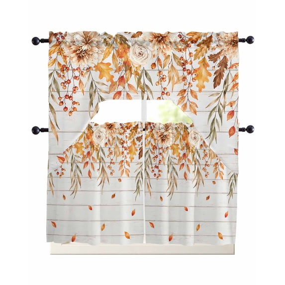 Thanksgiving Fall Kitchen Curtains Set for Windows 3 Piece Cafe Curtains 24 Inch Length Swag Curtains Valances and Tier Set Autumn Falling Maple Leaves Floral Wooden Drapes for Bedroom Bathroom