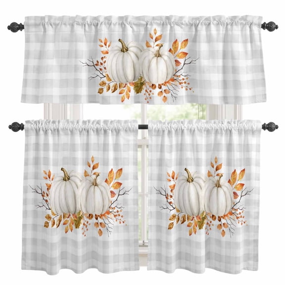 Thanksgiving Fall Kitchen Curtains Valances 3 Piece Set, Rustic White Pumpkin Berry Leaves Gray Gingham Rod Pocket Tier Curtain and Valance Drapes for Small Window 36 Inch Length for Bedroom Cafe