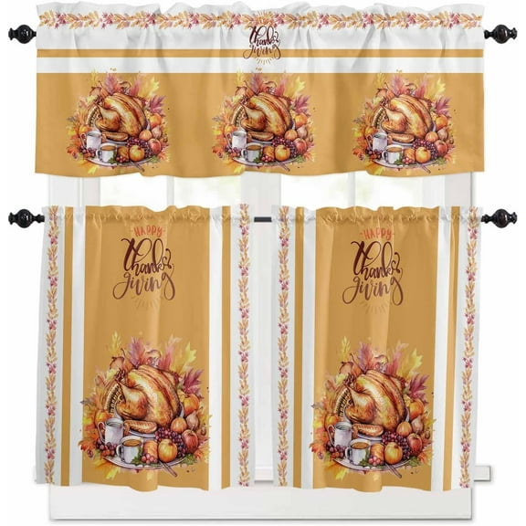 Thanksgiving Fall Kitchen Curtains and Valances Set, Rod Pocket Curtains Tier Farmhouse Window Curtains 24 Inch Length, Orange Turkey Maple Leaves Stripes 3 Piece Kitchen Curtains Set