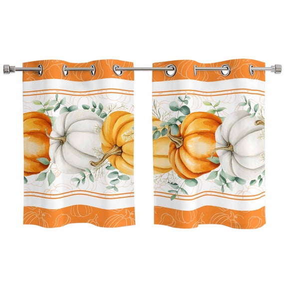 Thanksgiving Fall Kitchen Curtains Window Panels, Orange White Pumpkin Eucalyptus Leaves Insulated Window Treatment Curtain, Grommet Curtains for Bedroom/Living Room/Bathroom, 2 Piece 27.5"Wx39"L