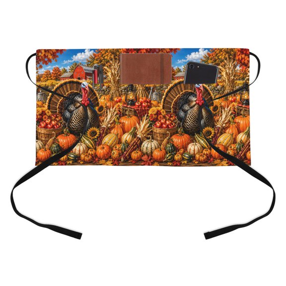 Thanksgiving Fall Kitchen Restaurant Half Waist Apron, Countryside Harvest Turkey Bird Pumpkin Red Barn Farm Server Short Apron with 3 Pockets Waterproof Oil Waist Aprons for Women Waitress Waiter