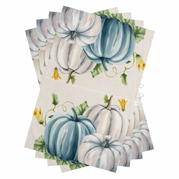 Thanksgiving Fall Kitchen Towels Set of 4, Water Absorbent Dish Towel, Blue White Pumpkin Leaves Floral Decorative Hand Towels - Quick Drying Cloth for Cooking Baking, 18x28 Inch