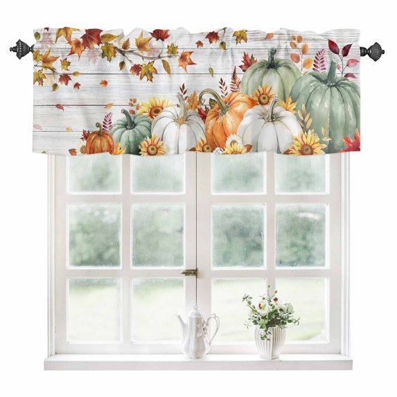 Thanksgiving Fall Kitchen Valances for Windows 54x18 Inch Kitchen Curtains Valances Rod Pocket Maple Leaf Green Orange Pumpkins Bathroom Window Valances for Window Treatment Decor