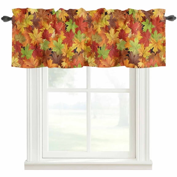 Thanksgiving Fall Kitchen Valances for Windows, Autumn Green Orange Red Maple Leaves Bathroom Window Valances 42x18 Inch Rod Pocket Window Treatments Valance Curtains for Living Room Bedroom Decor