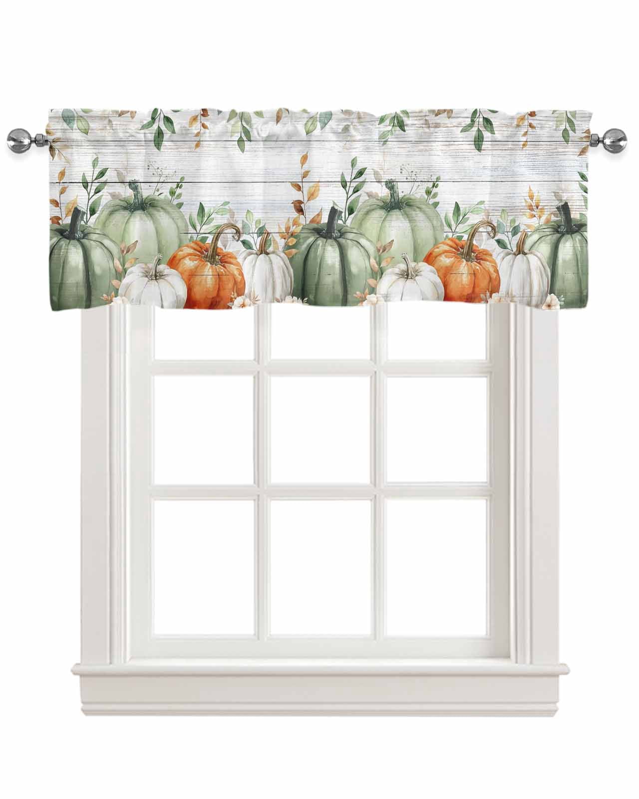 Thanksgiving Fall Kitchen Valances for Windows Farmhouse Linen Window Valance Curtain for Living Room Window Treatment Autumn Eucalyptus Sage Green Pumpkin Valance Rod Pocket Topper, 60 x 18 Inch