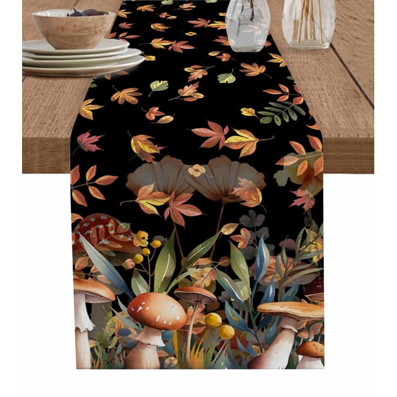 Thanksgiving Fall Leaves Burlap Cotton Table Runner 16x72 Inches Long, Mushroom Black Country Botanical Farmhouse Table Runners, Outdoor Dining Tablecloths Decor for Baby Shower/Party/Wedding