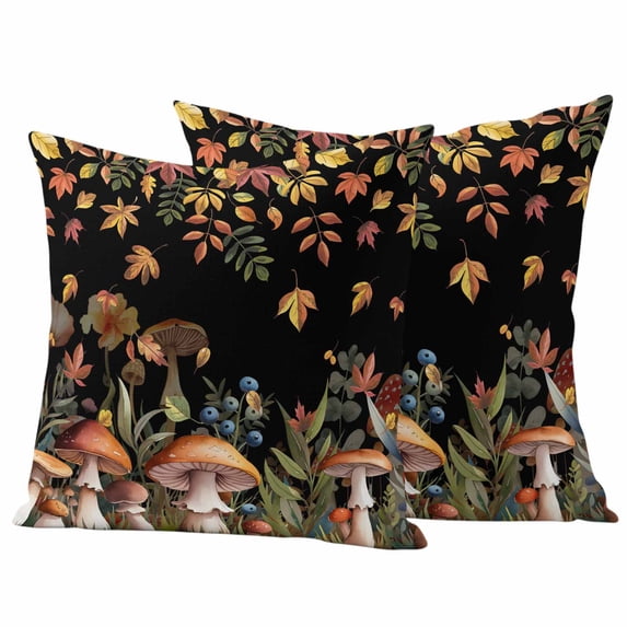 Thanksgiving Fall Leaves Outdoor Waterproof Pillow Covers, Mushroom Black Country Botanical Decorative Square Throw Pillowcase Sofa Cushion Sham for Patio/Couch/Chair, 24"x24" 2 Pack