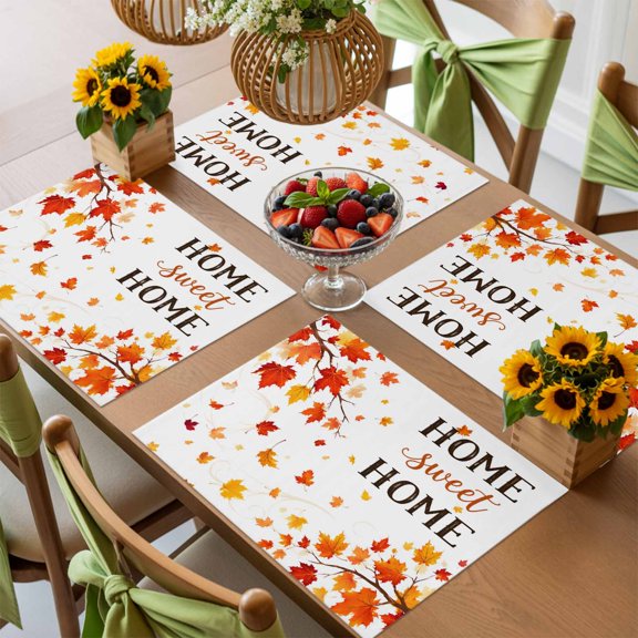 Thanksgiving Fall Maple Leaf Placemats Set of 4,Wipeable Washable Table Mats for Dining Tables, Sweet Home Text Autumn Leaves Place Mats for Kitchen Event Party Tabletop Decor