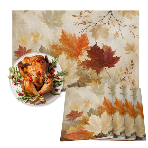 Thanksgiving Fall Maple Leaves Placemats Set of 6,Wipeable Washable Table Mats for Dining Tables, Oil Style Autumn Leaf Place Mats for Kitchen Event Party Tabletop Decor