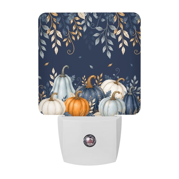 Thanksgiving Fall Night Lights, Rustic Farmhouse Blue White Orange Pumpkin Leaf Smart Auto Dusk to Dawn Sensor Nightlights Plug-in Nightlight for Bedroom Bathroom Living Room Kitchen Hallway