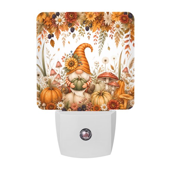 Thanksgiving Fall Night Lights, Rustic Gnome Orange Pumpkin Leaf Mushrooms Smart Auto Dusk to Dawn Sensor Nightlights Plug-in Nightlight for Bedroom Bathroom Living Room Kitchen Hallway