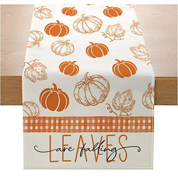 Thanksgiving Fall Orange Hello Pumpkin Maple Leaf Table Runner 13x72 inches, Home Kitchen Dining Room Fall Table Flag Decoration 