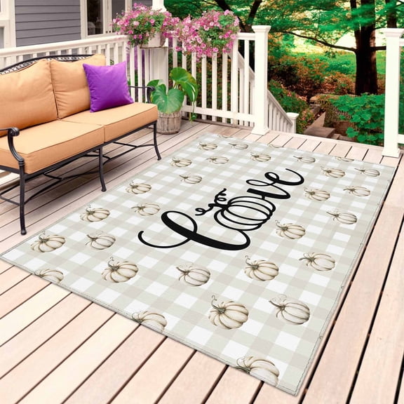 Thanksgiving Fall Outdoor Rug 4x6 Ft, Non Slip Washable Area Rug, Autumn White Pumpkin Plaid Gingham Patio Rugs Carpet Runner, Large Floor Mat for Indoor/Outdoor Deck Porch Camping