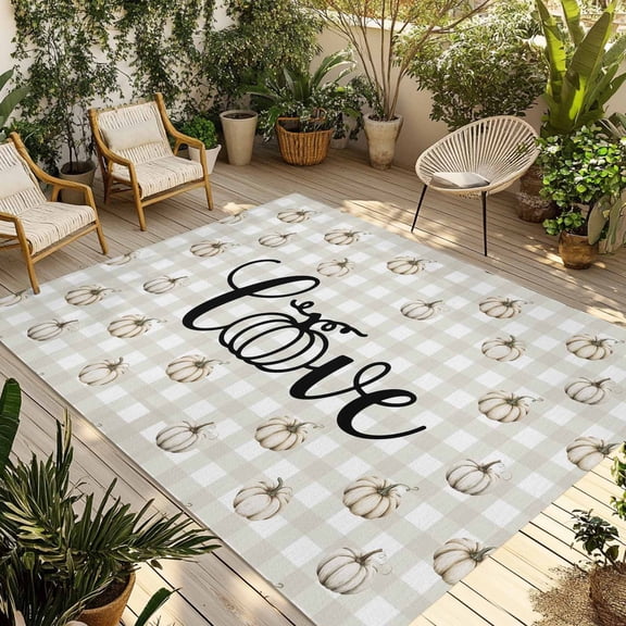 Thanksgiving Fall Outdoor Rug 4x6 Ft - Reversible Patio Rug Outdoor Camping Rugs, Autumn White Pumpkin Plaid Gingham Washable Indoor Outdoor Area Rugs, Non-Slip Outdoor Carpet Runner for Deck/Porch