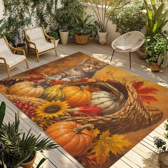 Thanksgiving Fall Outdoor Rug, Rustic Cat Orange Pumpkin Cornucopia Basket Leaf Non-Slip Area Rugs Carpet Breathable Large Floor Mat for Outdoors Patio Porch Deck Beach 3’ x 5’