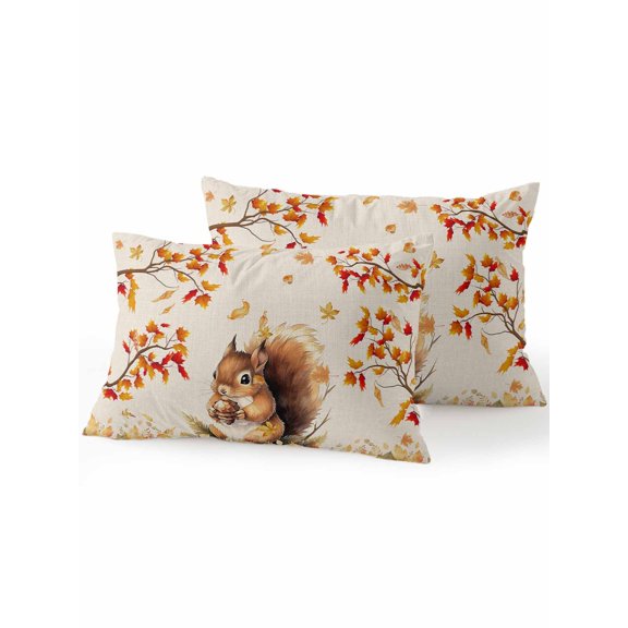 Thanksgiving Fall Outdoor Throw Pillows with Inserts Set of 2, 12"x20" Squirrel Maple Leaf Cotton Linen Background Waterproof Patio Pillows for Chair Back Support, Sofa & Bench