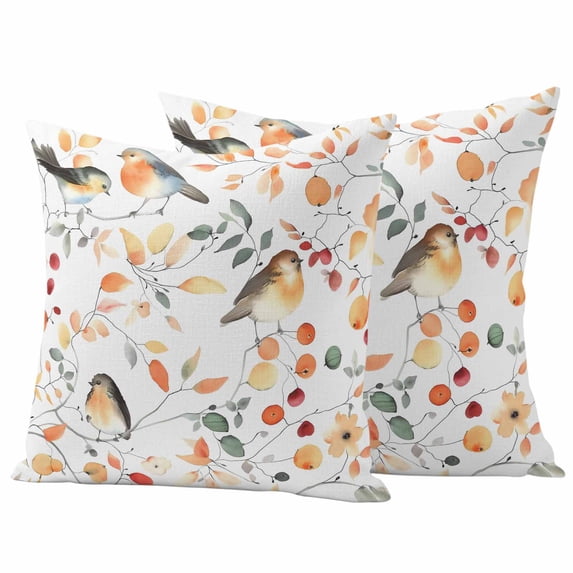 Thanksgiving Fall Outdoor Waterproof Pillow Covers, Autumn Branch Bird Orange Botanical Decorative Square Throw Pillowcase Sofa Cushion Sham for Patio/Couch/Chair, 20"x20" 2 Pack