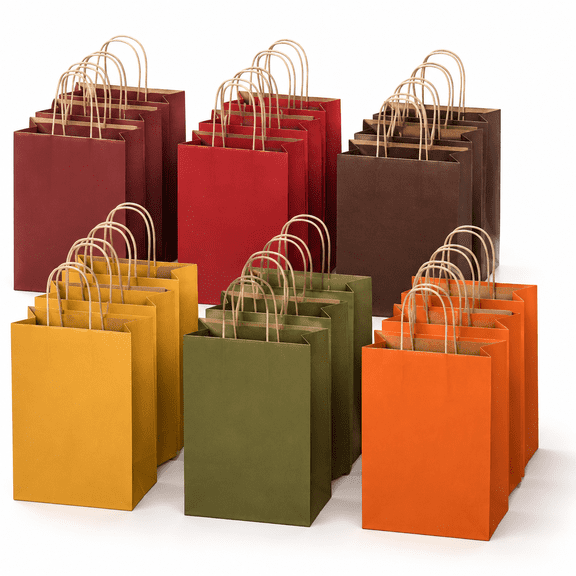 Thanksgiving Fall Paper Gift Bags with Handles, Orange Goodies Treat Candy Bags for Holiday Party Favor Gift Wrapping Autumn Wedding Birthday Party Favors