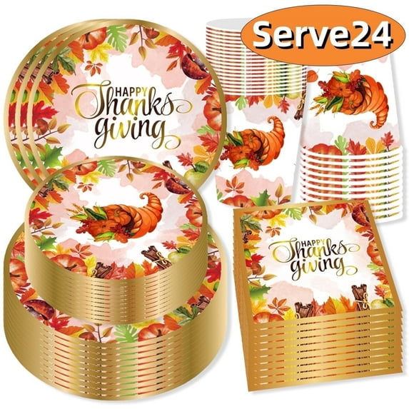 Thanksgiving Fall Paper Plates and Napkins Disposable Dinnerware Give Thanks Theme Party Supplies Autumn Tableware Set for 24 Guests 96Pcs