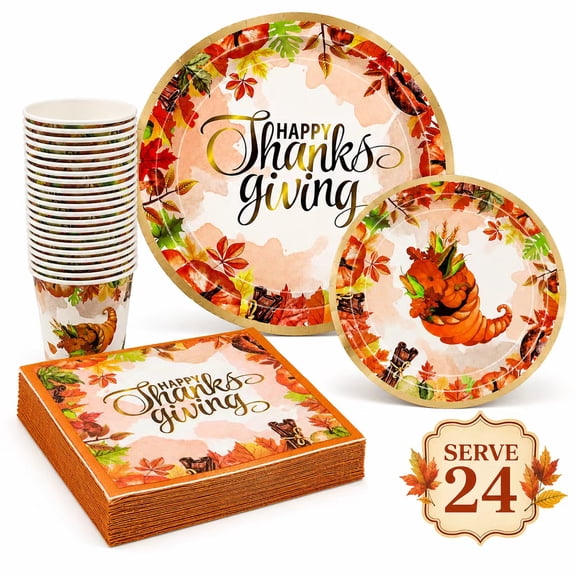 Thanksgiving Fall Paper Plates and Napkins Disposable Dinnerware Give Thanks Theme Party Supplies Autumn Tableware Set for 24 Guests 96Pcs