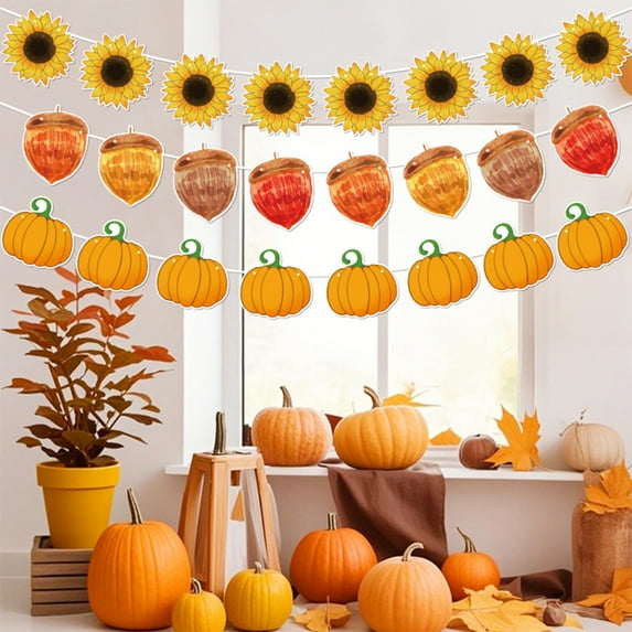 Thanksgiving Fall Party Banners | Pumpkin Turkey Sunflower Pull Flag Set | Multicolor Paper Garland | Festive Hanging Decorations | 8pcs Reusable Holiday Pull Cards | 6.69in | For Homes & Gatherings