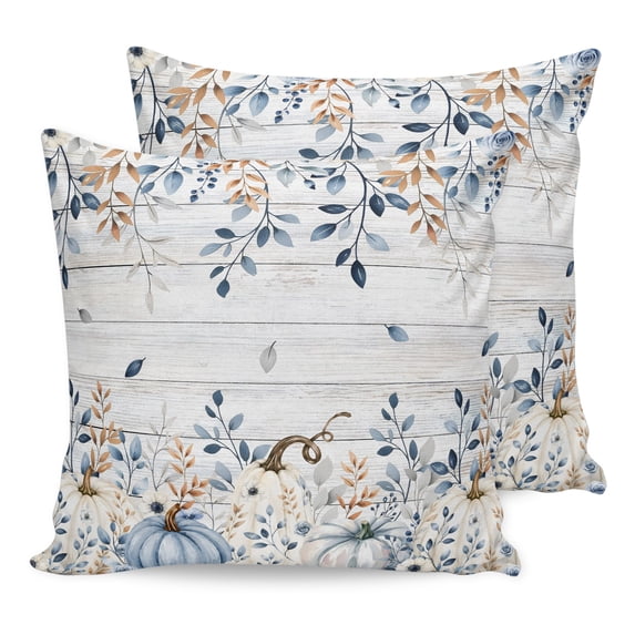 Thanksgiving Fall Pillow Covers 16x16 Set of 2, Pumpkins Blue Eucalyptus Leaves Wooden Throw Pillow Covers Decorative Couch Cushion Cover, Microfiber Soft Pillowcases for Bedroom Living Room Sofa