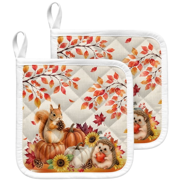 Thanksgiving Fall Pot Holders for Kitchen Heat Insulation Potholder, Kitchen Pot Holders Sets Washable Oven Hot Pads Terry Cloth Trivet for Cooking Baking Vintage Flowers Pumpkin Leaves 2 Pack