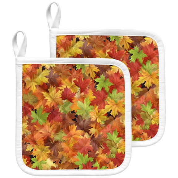 Thanksgiving Fall Pot Holders for Kitchen Heatproof Potholder, 2 Pack Autumn Green Orange Red Maple Leaves Hot Pads Multipurpose Oven Pads Terry Cloth Potholders Trivet for Cooking and Baking