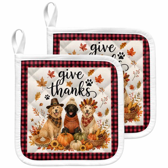 Thanksgiving Fall Pot Holders for Kitchen Heatproof Potholder, 2 Pack Pumpkin Dogs Maple Leaves Plaid Hot Pads Multipurpose Oven Pads Terry Cloth Potholders Trivet for Cooking and Baking