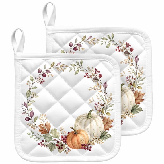 Thanksgiving Fall Pot Holders for Kitchen Heatproof Potholder, 2 Pack Pumpkin Maple Leaves Berry Wreath Hot Pads Multipurpose Oven Pads Terry Cloth Potholders Trivet for Cooking and Baking