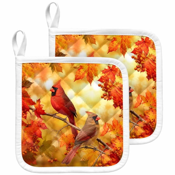 Thanksgiving Fall Pot Holders for Kitchen Heatproof Potholder, 2 Pack Rustic Cardinal Maple Leaves Branches Hot Pads Multipurpose Oven Pads Terry Cloth Potholders Trivet for Cooking and Baking