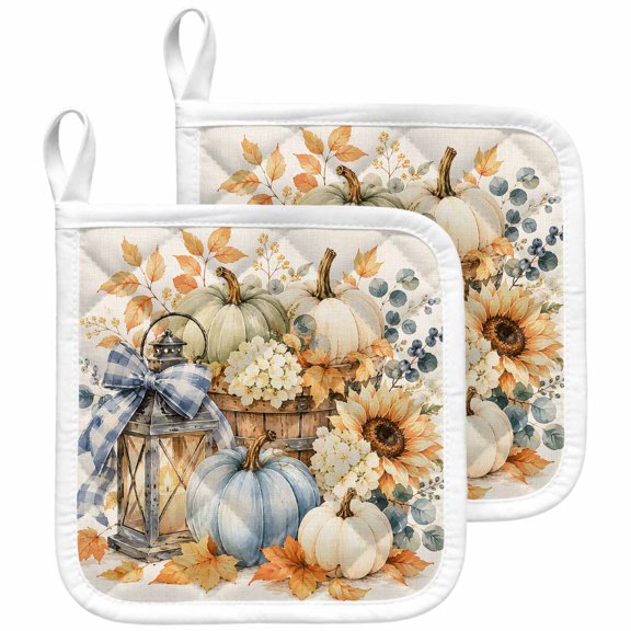 Thanksgiving Fall Pot Holders for Kitchen Heatproof Potholder, 2 Pack Rustic Pumpkin Flowers Maple Leaves Hot Pads Multipurpose Oven Pads Terry Cloth Potholders Trivet for Cooking and Baking